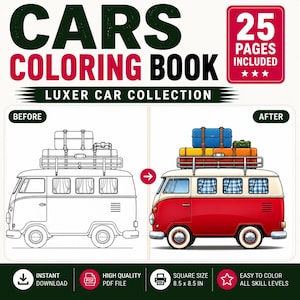 Målarbok med lyxbilar | Retro-, JDM- och superbilskonstsidor | Utskrivbar A4 PDF