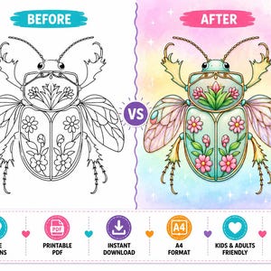 May include: A digital coloring book with a before and after comparison of a detailed beetle illustration. The image includes cute insect illustrations and text that reads "11 PAGES", "CUTE DESIGNS", and "KIDS & ADULTS FRIENDLY".