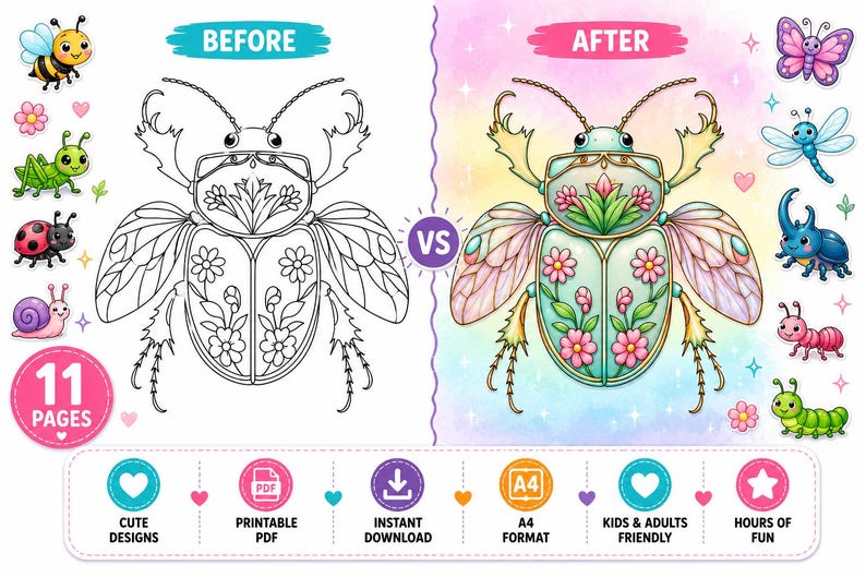 May include: A digital coloring book with a before and after comparison of a detailed beetle illustration. The image includes cute insect illustrations and text that reads "11 PAGES", "CUTE DESIGNS", and "KIDS & ADULTS FRIENDLY".