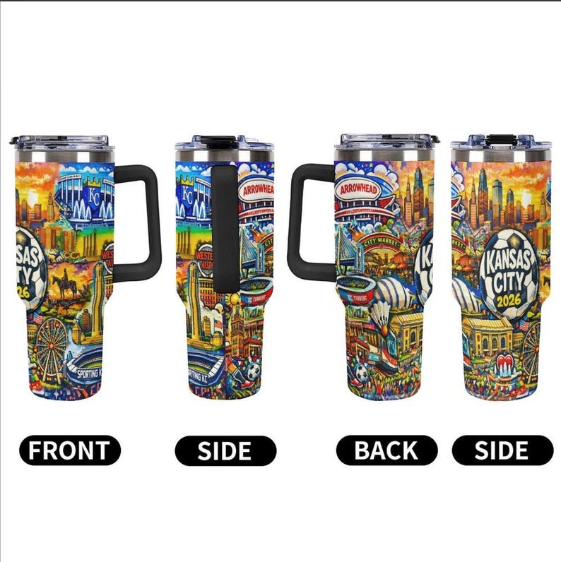 May include: A set of four stainless steel travel mugs with black handles. Each mug features a colorful design showcasing Kansas City landmarks, including the skyline, stadiums, and the text "Kansas City 2026". The mugs have a black handle and a silver lid.