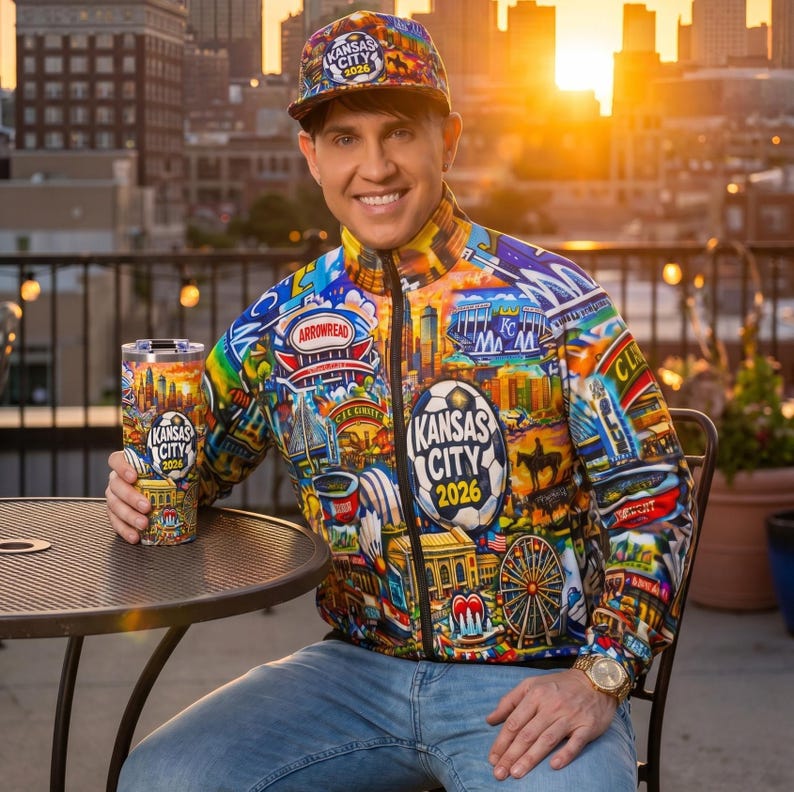 May include: A colorful zip-up jacket, cap, and tumbler featuring a collage of Kansas City landmarks and the text "Kansas City 2026". The jacket and cap have a vibrant, multi-colored design, while the tumbler has a similar design.