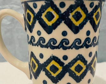 Polish Pottery Footed Coffee Mug Boleslawiec Hand Painted Waves