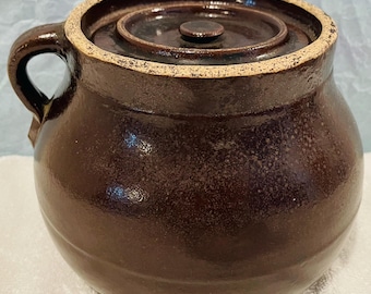 Large Single-Handle Stoneware Bean Pot with Lid Mid 20th Century