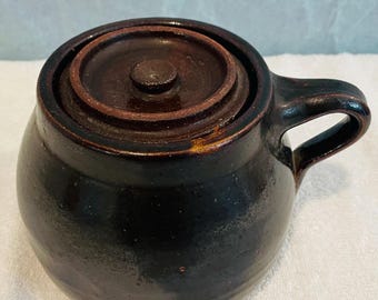 Small Single-Handle Stoneware Bean Pot with Lid Mid-20th Century
