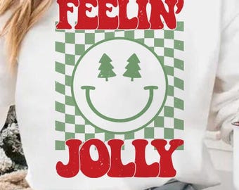 Checkered Jolly Christmas SVG PNG, Retro Xmas Sublimation, Xmas Tree Vintage Feeling Jolly Cut File, Smile Face Holiday T-Shirt Design svg