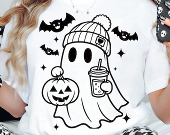 Fantasma lindo SVG, Temporada espeluznante de otoño SVG PNG, Fantasma de Halloween con café y calabaza SVG, Halloween SVG PNG, Fantasma lindo SVG Archivos de corte de Cricut