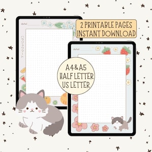 May include: Two digital printable pages with dot grid paper, featuring illustrations of cats, strawberries, and flowers. Text includes 2 PRINTABLE PAGES INSTANT DOWNLOAD and A4 & A5 HALF LETTER US LETTER. The background is cream with small dark stars.
