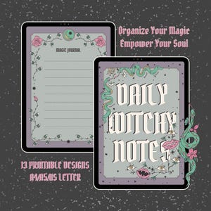 Könnte beinhalten: Zwei digitale Tablet-Bildschirme zeigen druckbare Tagebuchseiten in einer Farbpalette aus hellem Lila und Salbeigrün. Die Designs enthalten Illustrationen von Rosen, Schlangen, Augen und Lippen sowie den Text "Magic Journal" und "Daily Witchy Notes."