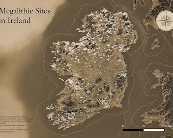 Ireland Megalithic Sites Map – Prehistoric Monuments in Historical Cartographic Style Digital Download