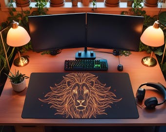 May include: A rectangular black desk mat featuring a glowing orange geometric lion head illustration centred on the surface. The mat is positioned on a wooden desk with a dual monitor setup, a mechanical keyboard, a mouse, and black headphones.