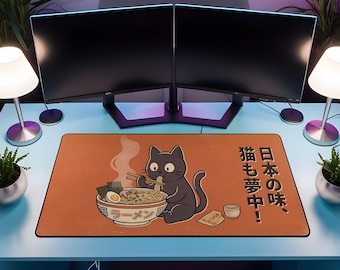 Ramen Cat Desk Mat, Kawaii Japanese Noodle Mouse Pad, Cute Black Cat Anime Deskpad, Aesthetic Cozy Mat, Large XL, Cute Gift for Cat Lovers