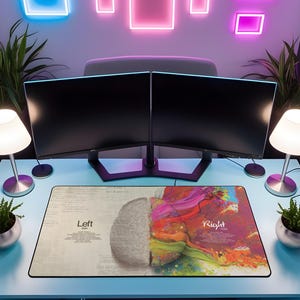 May include: A modern desk setup with two computer monitors, a mousepad featuring a brain graphic, and decorative neon lights. The mousepad is divided into left and right sides, with text labels. Two small potted plants and lamps flank the monitors.