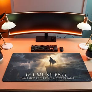 If I Must Fall Desk Mat, Motivational Quote Gaming Mouse Pad, Epic Fantasy Scene Deskpad, Dark Aesthetic Large Desk Mat for Gamers