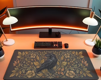 Raven Desk Mat, Dark Floral Halloween Mouse Pad, Gothic Dark Academia Deskpad, Witchy Gift