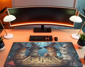 Cat Wizard Desk Mat, Witchy Cat TCG Playmat, Fantasy Cat Gaming Mouse Pad, Magical Card Game Deskpad, Large XL Mat, Gift for Gamers