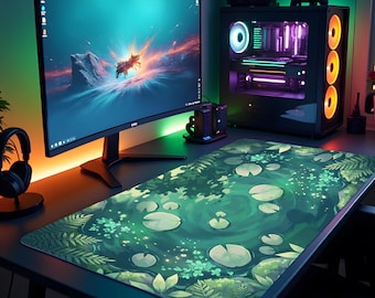 Green Lily Pond Desk Mat, Forest Nature Mouse Pad, Leafy Water Garden Deskpad, Aesthetic Green Workspace Desk Decor Gaming Pad