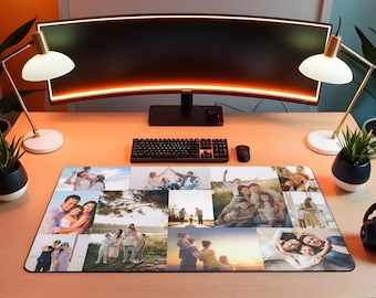 Custom Photo Collage Desk Mat, Personalized Mouse Pad with Family Pictures, Office Desk Decor, Large Gaming Mat with Name, Gift for Him Her