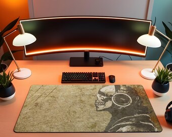 Vintage Skull Desk Mat, Gothic Halloween Mouse Pad, Steampunk Skull Deskpad, Goth Office Gift