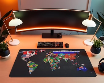 World Map Desk Mat, Country Flags Map Mouse Pad, Travel Aesthetic Office Deskpad, Large XL Desk Decor, Gift for Travelers & Teachers