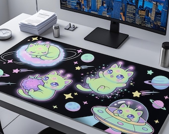 Kawaii Alien Cat Desk Mat, Cute Space Cat Mouse Pad, Pastel Galaxy UFO Deskpad, Aesthetic Gaming Mat, Large XL, Cute Gift for Cat Lovers