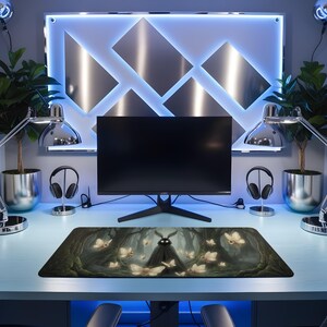 May include: A rectangular mousepad featuring a dark forest scene with glowing butterflies and a central figure. The design is predominantly green and brown, with the butterflies in shades of white and yellow. The mousepad is placed on a light blue desk, with a computer monitor and other desk accessories.
