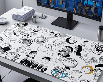 Funny Doodle Desk Mat, Black White Meme Mouse Pad, Cartoon Sketch Gaming Deskpad, Quirky Comic Decor, Large XL Mat, Gift for Gamers