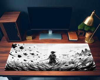 Samurai Desk Mat, Japanese Ink Art Mouse Pad, Black White Sumi-e XL Deskpad, Gamer Gift
