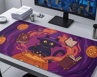 Black Cat Desk Mat, Halloween Wizard Cat XL Mouse Pad, Spooky Purple Gaming Playmat Gift