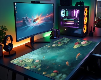 Koi Fish Desk Mat, Large Gaming Mouse Pad, Tranquil Water Lily Desk Decor, Aesthetic Office Pad, Japanese Style Desk Mat