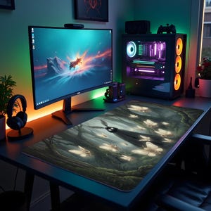 May include: A gaming desk setup featuring a large monitor, a desktop computer with RGB lighting, and a mousepad with a forest and moth design. The desk also includes headphones and a controller.