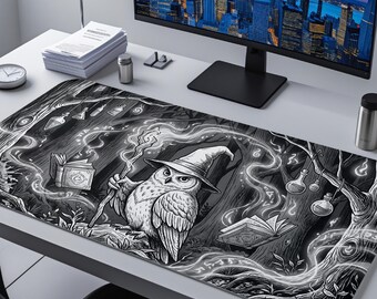Owl Wizard Desk Mat, Fantasy TCG Playmat Mouse Pad, Magic Forest XL Deskpad, Gamer Gift