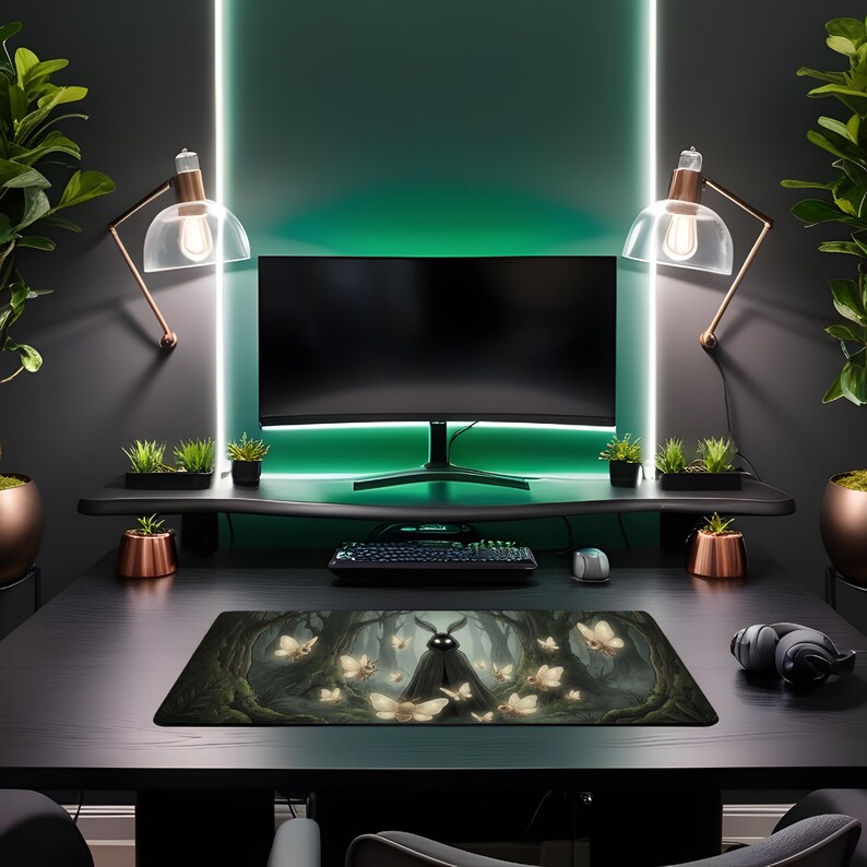 May include: A black desk setup featuring a large monitor, keyboard, and mouse. A mousepad with a forest scene and glowing moths is the focal point. The desk is flanked by plants and copper-toned lamps.