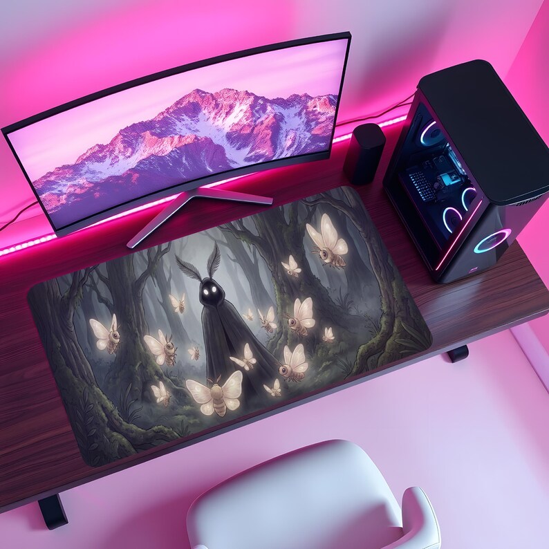 May include: A rectangular mousepad featuring a dark forest scene with a central figure in a black cloak and numerous glowing moths. The design is set against a backdrop of trees and a computer setup with a monitor and tower.