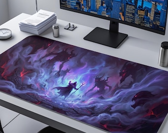 Dark Fantasy Desk Mat, Shadow Warrior Mouse Pad, Epic RPG Gaming Deskpad, Purple Aura Battlestation Decor, Large XL Mat, Gift for Gamers