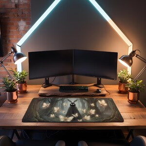 May include: A rectangular mousepad featuring a dark forest scene with a central figure and glowing white moths. The mousepad is on a wooden desk with two computer monitors, a keyboard, and desk lamps.