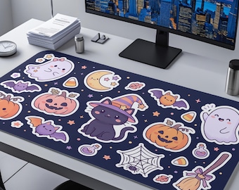 Cute Halloween Desk Mat, Kawaii Ghost Pumpkin Mouse Pad, Spooky Cat XL Deskpad, Fall Gift