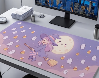 Kawaii Witch Desk Mat, Pastel Halloween XL Mouse Pad, Cute Ghost Purple Desk Decor Gift