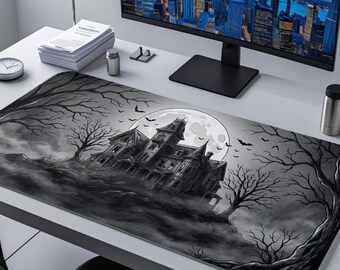 Haunted Mansion Desk Mat, Gothic Horror Mouse Pad, Halloween Ink Art XL Deskpad, Goth Gift