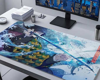 Anime Water Warrior Desk Mat, Dynamic Sword Warrior Mouse Pad, Blue Wave Action Gaming Deskpad, Vibrant Large XL Mat, Gift for Gamers