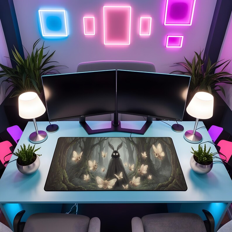 May include: A gaming setup featuring two black computer monitors, a mousepad with a forest and butterfly design, and a light blue desk. The desk is illuminated by neon lights and small lamps. Potted plants and chairs complete the scene.