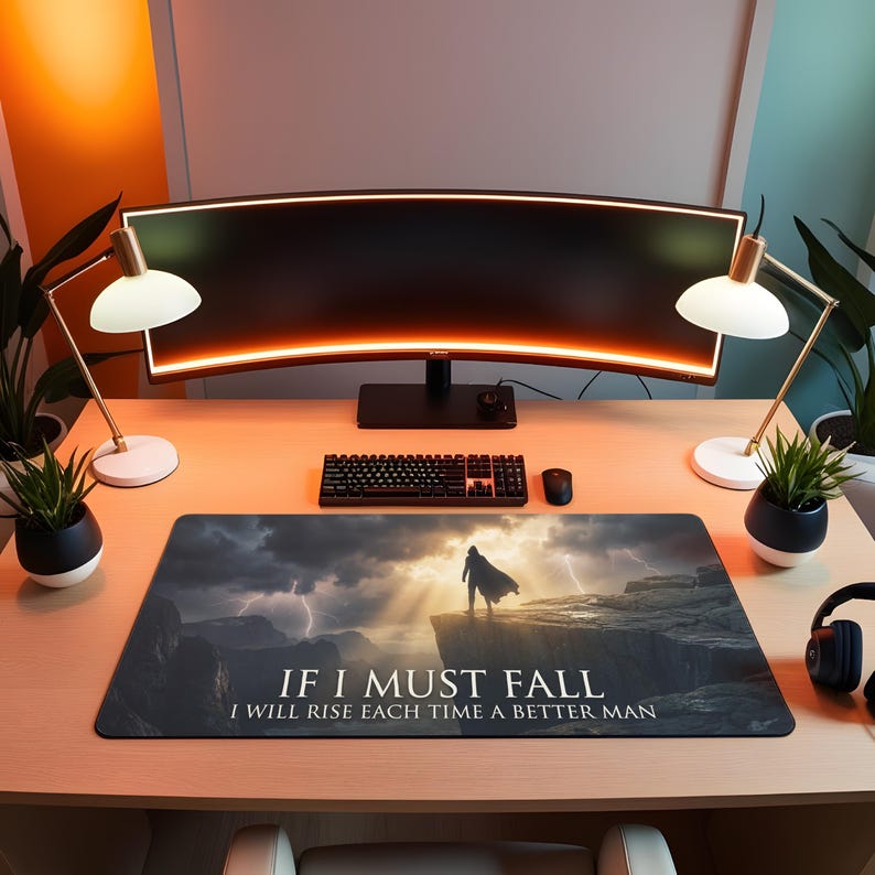 If I Must Fall Desk Mat, Motivational Quote Gaming Mouse Pad, Epic Fantasy Scene Deskpad, Dark Aesthetic Large Desk Mat for Gamers