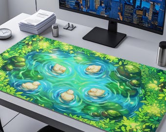 Cute Duck Desk Mat, Kawaii Duckling Mouse Pad, Cottagecore Duck Pond Deskpad, Aesthetic Gaming Mat, Large XL, Cute Gift for Duck Lovers