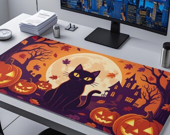 Halloween Black Cat Desk Mat, Pumpkin Moon Mouse Pad, Spooky Fall XL Deskpad, Cat Lover Gift