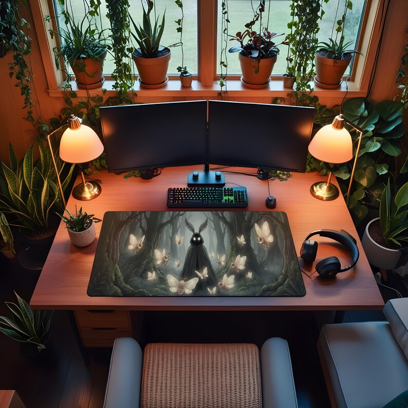 May include: A desk setup featuring a large mousepad with a forest scene and glowing white butterflies. The desk also has two computer monitors, a keyboard, a mouse, and a pair of headphones. Two lamps with peach-colored shades sit on the desk. The room is filled with plants.