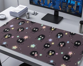 Cute Soot Sprite Desk Mat, Kawaii Anime Mouse Pad, Japanese Inspired Deskpad, Aesthetic Gaming Desk Mat, Cozy Workspace Decor