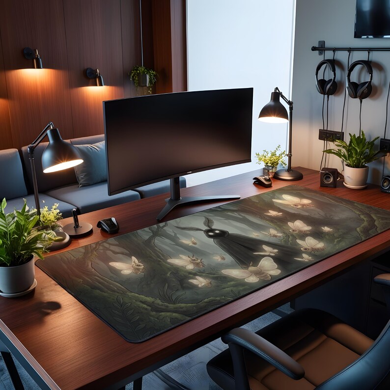 May include: A rectangular desk mat featuring a forest scene with glowing butterflies and a dark figure. The mat is primarily green and brown, with a black border. A computer monitor, desk lamp, and other office accessories are visible on the wooden desk.