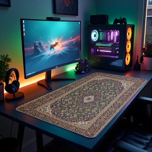 May include: A large rectangular desk mat with a Persian rug design. The mat features a dark green background with intricate floral patterns in shades of beige, brown, and blue. The mat is placed on a black desk, with a computer monitor, PC tower, and other gaming accessories.