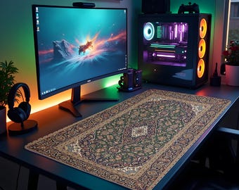 May include: A large rectangular desk mat with a Persian rug design. The mat features a dark green background with intricate floral patterns in shades of beige, brown, and blue. The mat is placed on a black desk, with a computer monitor, PC tower, and other gaming accessories.