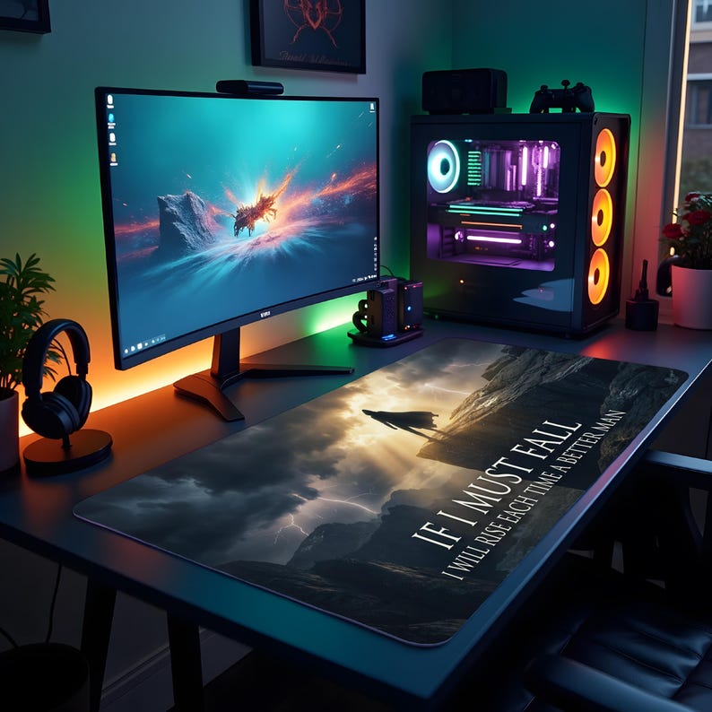 May include: A gaming desk setup with a large monitor, a desktop computer, and a mousepad. The mousepad features a dramatic landscape design with the text "IF I MUST FALL, I WILL RISE EACH TIME A BETTER MAN."