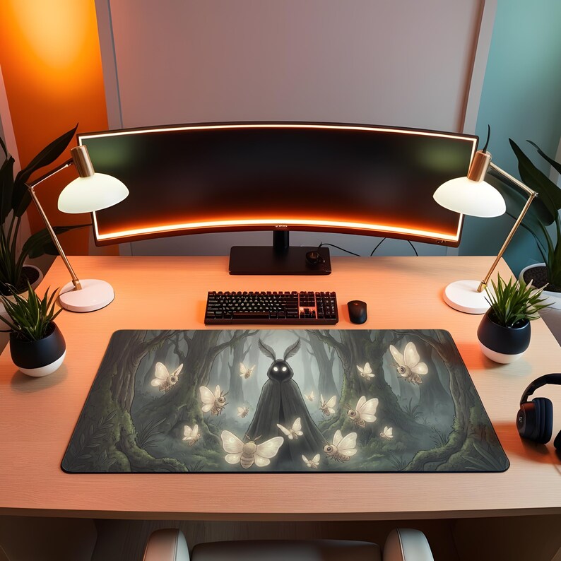 May include: A desk setup featuring a large curved monitor, keyboard, and mouse. A rectangular mousepad with a forest scene and glowing moths is the focal point. Two desk lamps and potted plants flank the monitor, creating a modern workspace.